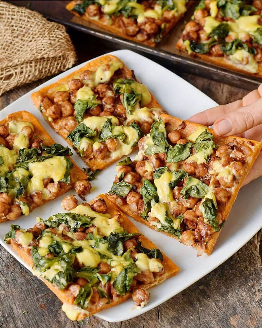 Chickpea Spinach Pizza with a Sweet Potato Crust