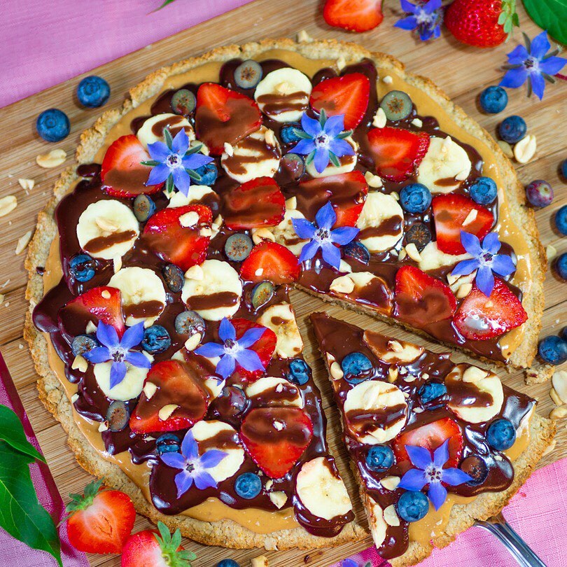 Chocolate Pizza with Peanut Butter Banana Fresh Berries