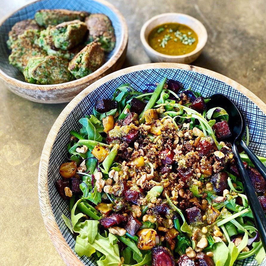 Roast Beetroot Salad with Caramelized Apple and Walnut Crumble