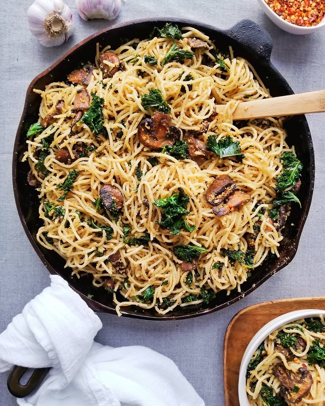 Garlic Crumb Pasta with Seared Mushrooms and Kale