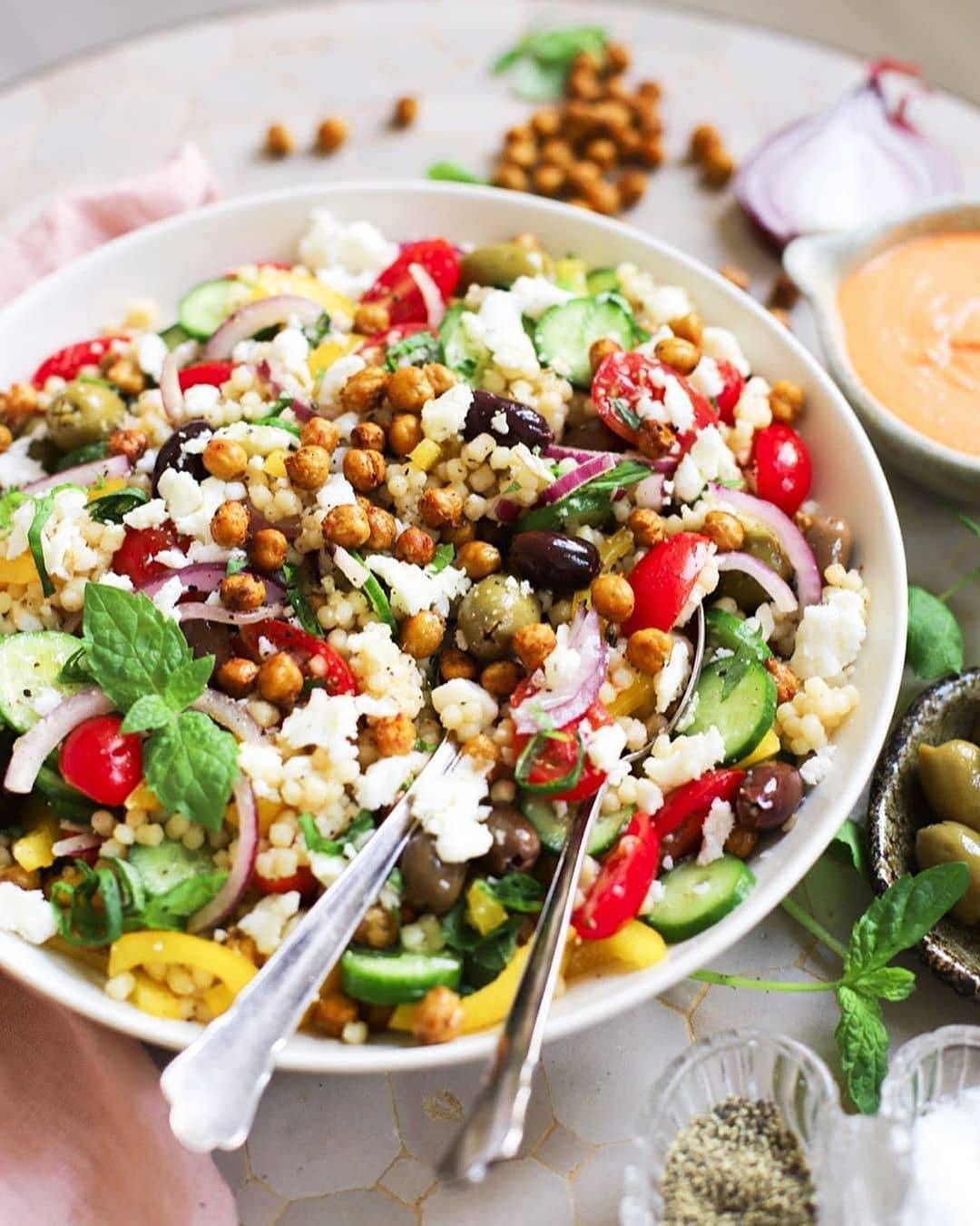 Pearl Couscous Salad with Chickpea Croutons