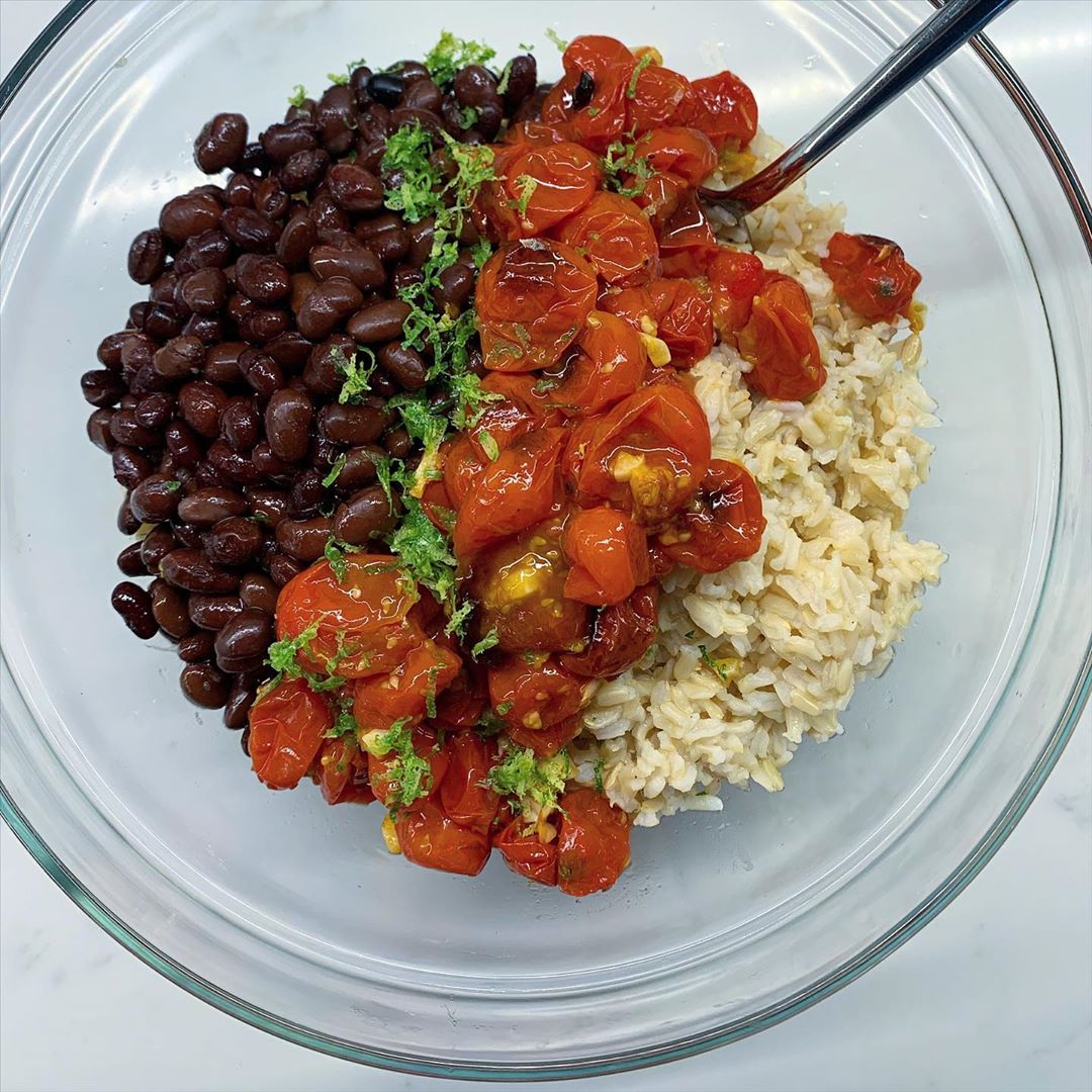 Brown Rice with Black Beans and Garlicky Tomatoes