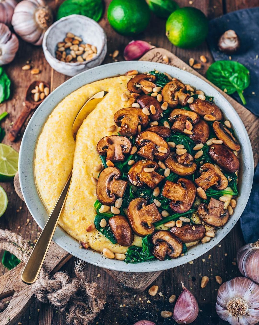 Creamy Vegan Polenta with Mushrooms and Spinach