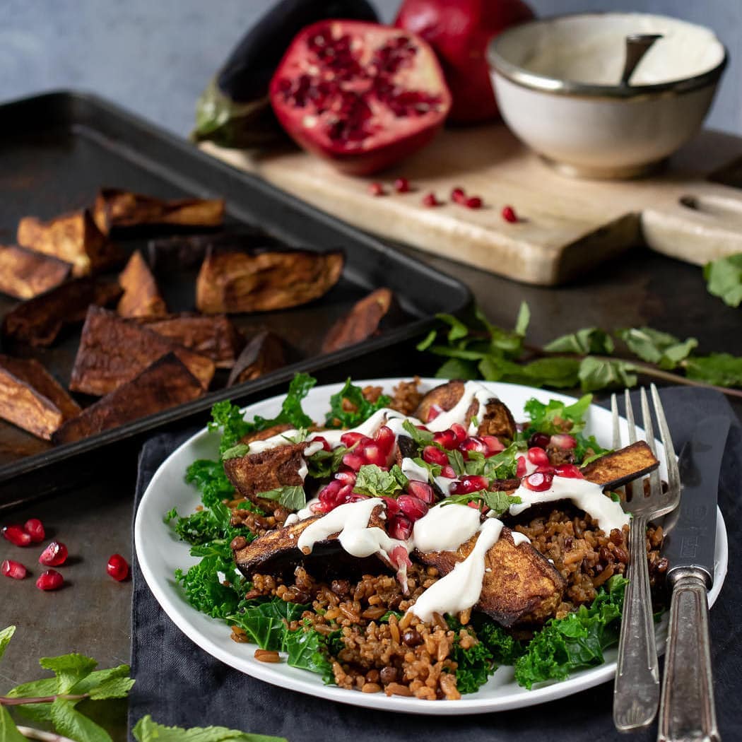 Roasted Aubergine Wedges with Quinoa, Lentils and Tahini Sauce