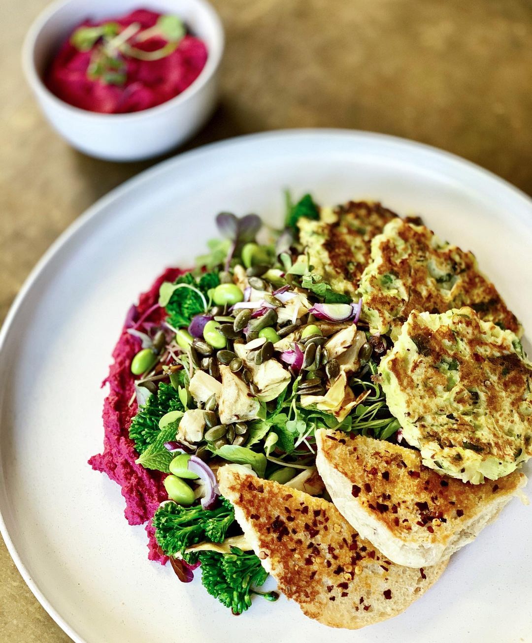Green Spinach and Edamame Fritters with Beetroot Hummus
