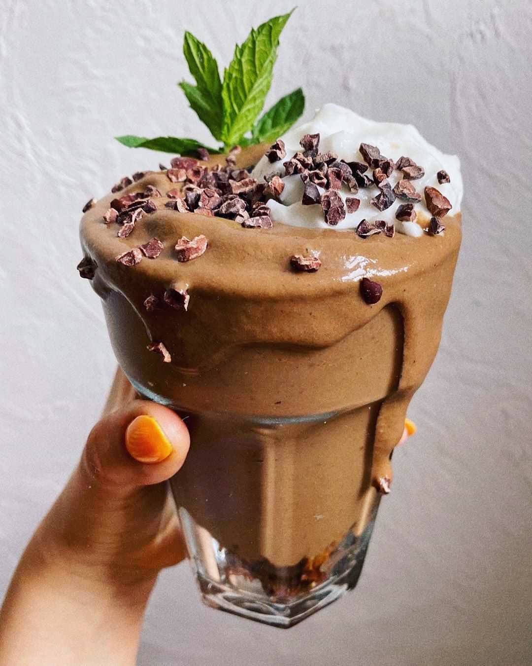 Chocolate Mint Coffee Thick Shake with Granola and Cacao Nibs