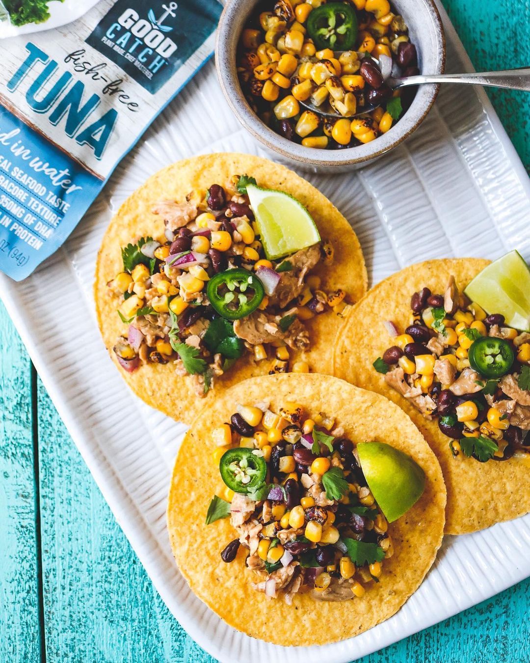 Fire Roasted Corn and Black Bean Tostadas with Tuna