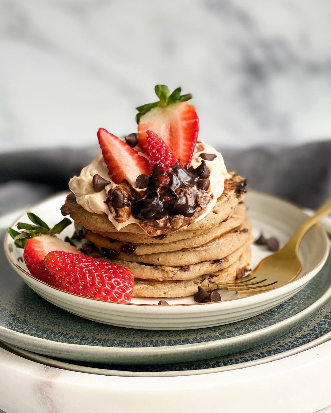 Healthy Chocolate Chip Oat Pancakes with Protein Cream Cheese
