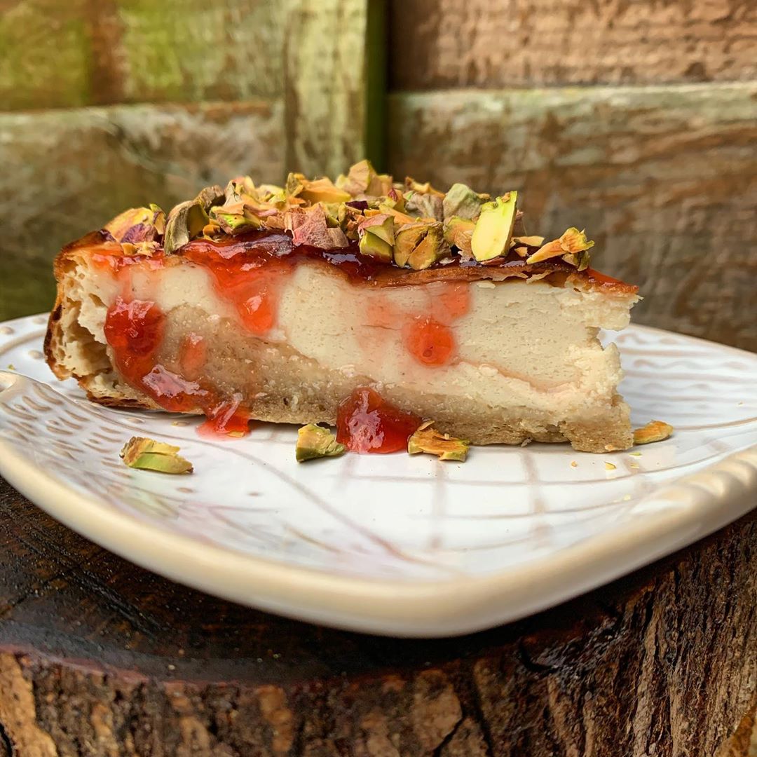 Pistachio Rose Strawberry Tofu Cheesecake
