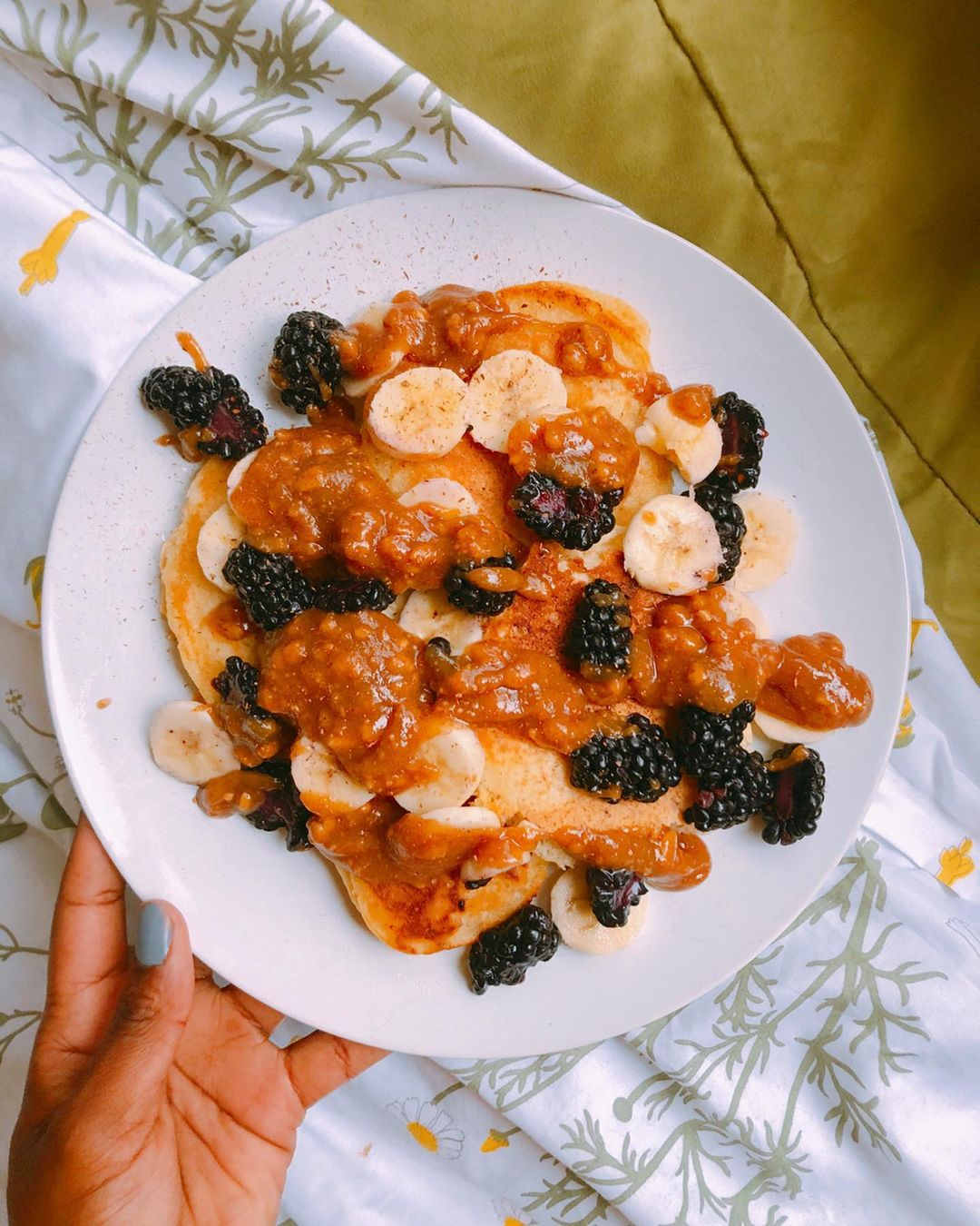 Fluffy Vegan Buttermilk Pancakes with Peanut Butter Sauce