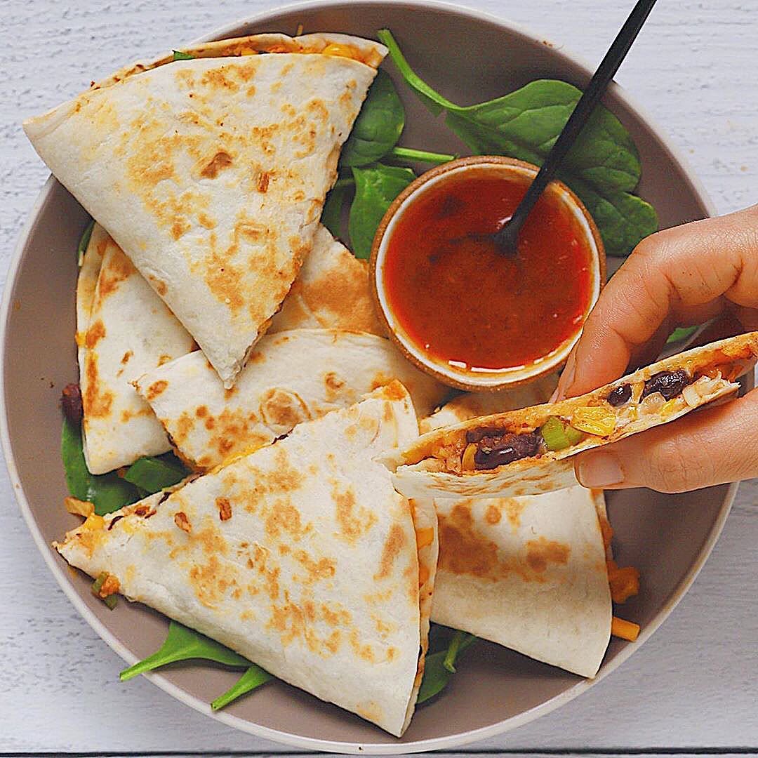 Buffalo Black Bean and Roasted Veggie Quesadillas
