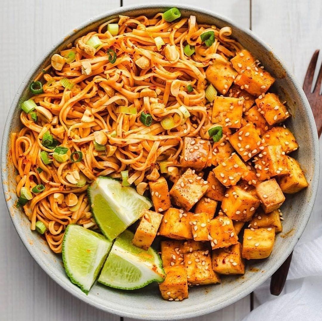 Vegan Tofu Noodles in Creamy Nut Butter Sauce