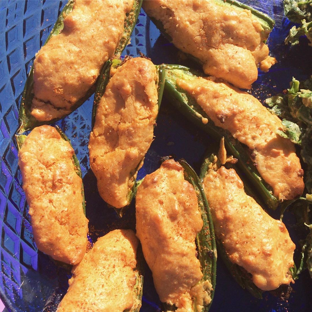 Vegan Jalapeño Poppers with a Raw Collard Green Salad