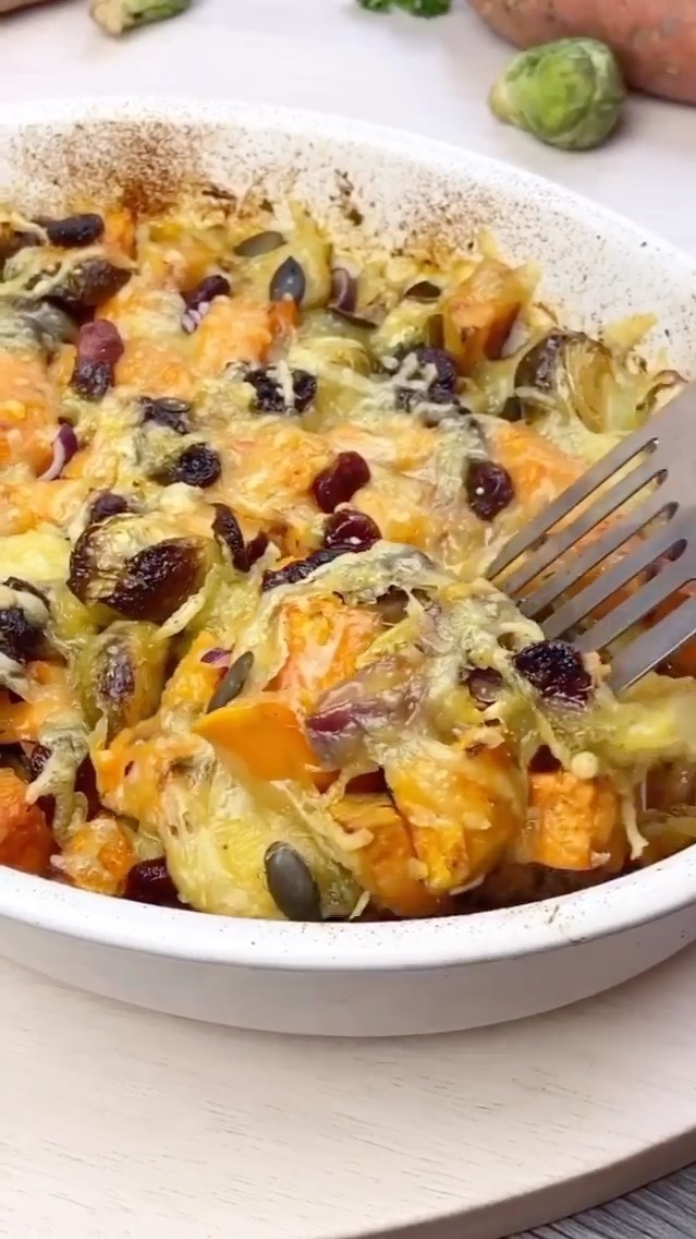 Vegan Sweet Potato Brussels Sprouts Bake