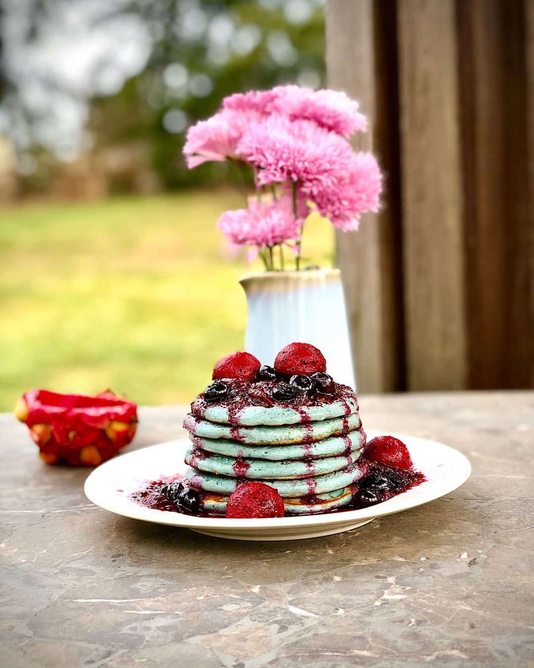 Vegan Blueberry Pancakes with Pitaya Sauce
