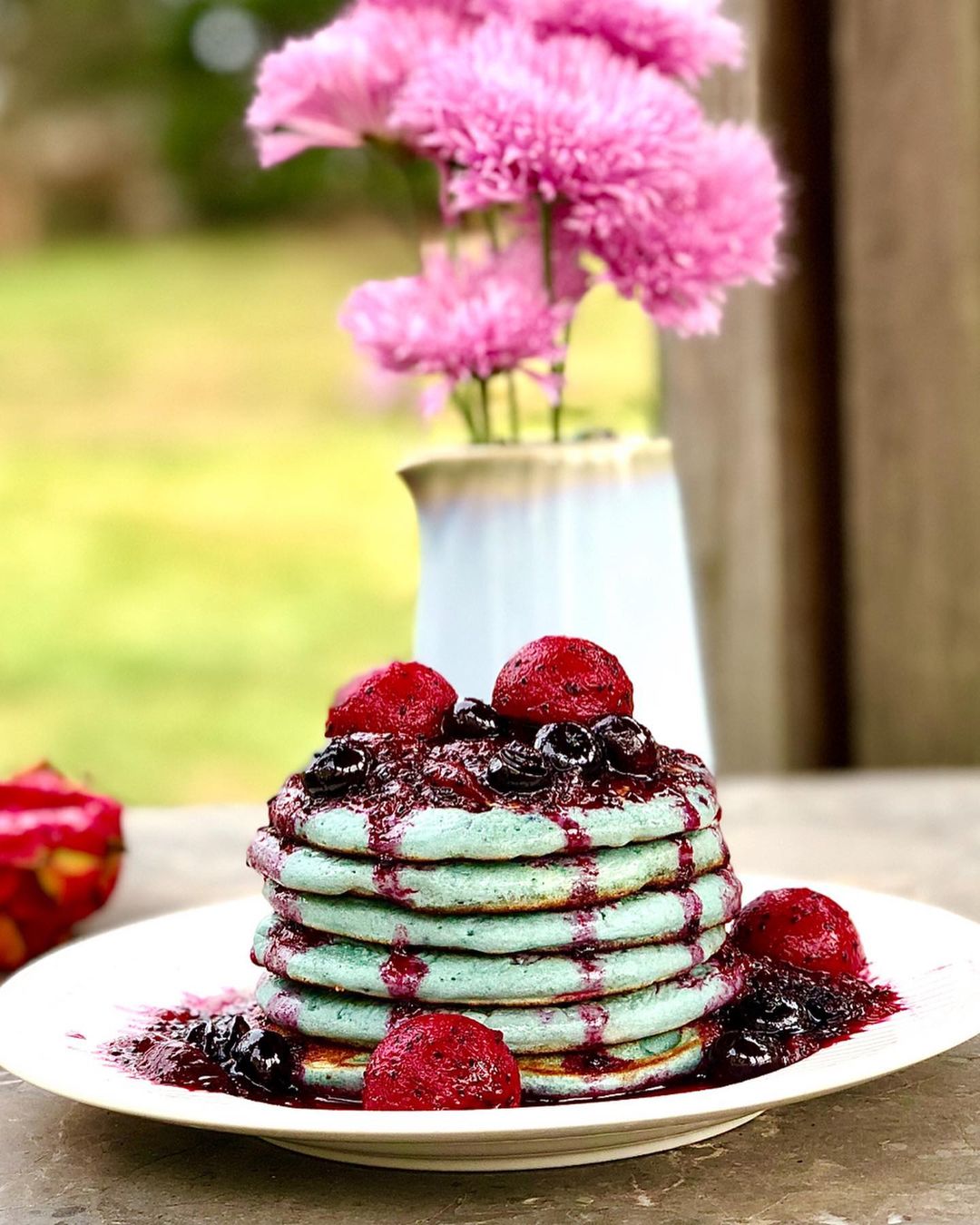Vegan Blueberry Pancakes with Pitaya Sauce