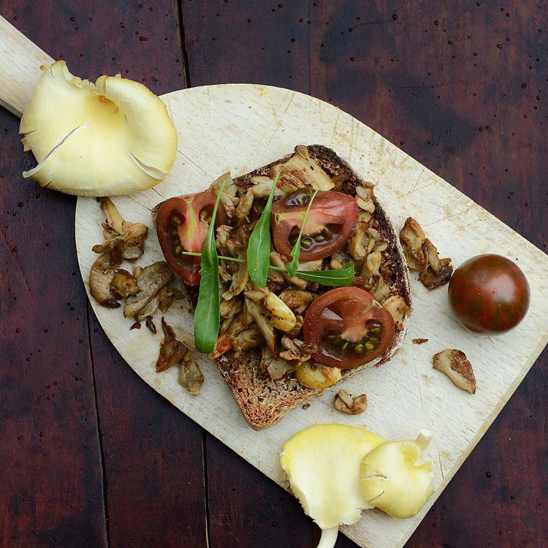 Rye Sourdough with Garlic Sautéed Yellow Oyster Mushrooms