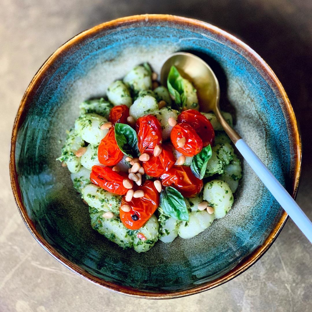 Gnocchi with Basil Pesto and Roasted Tomatoes