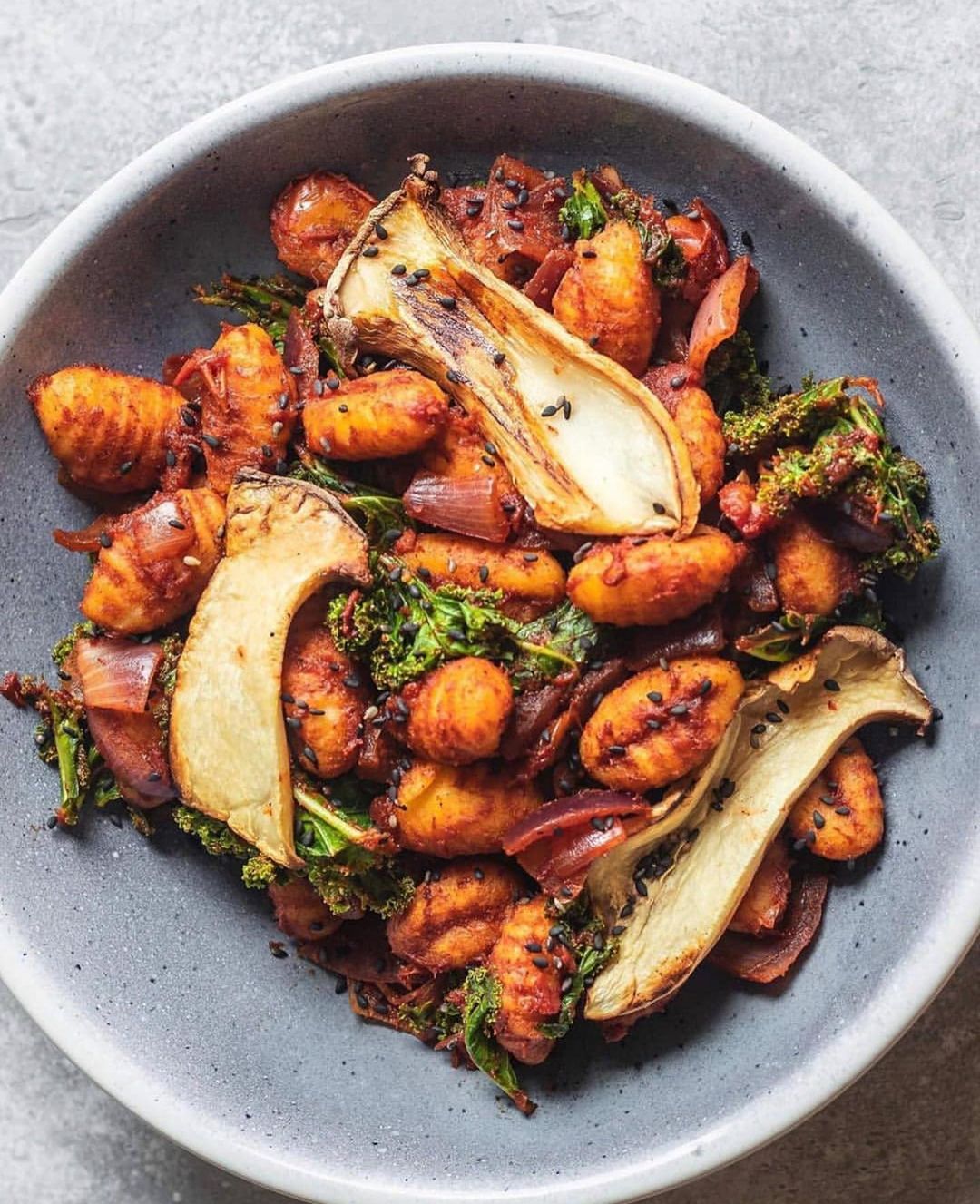 Vegan Tomato Sauce Gnocchi with Kale and Mushrooms