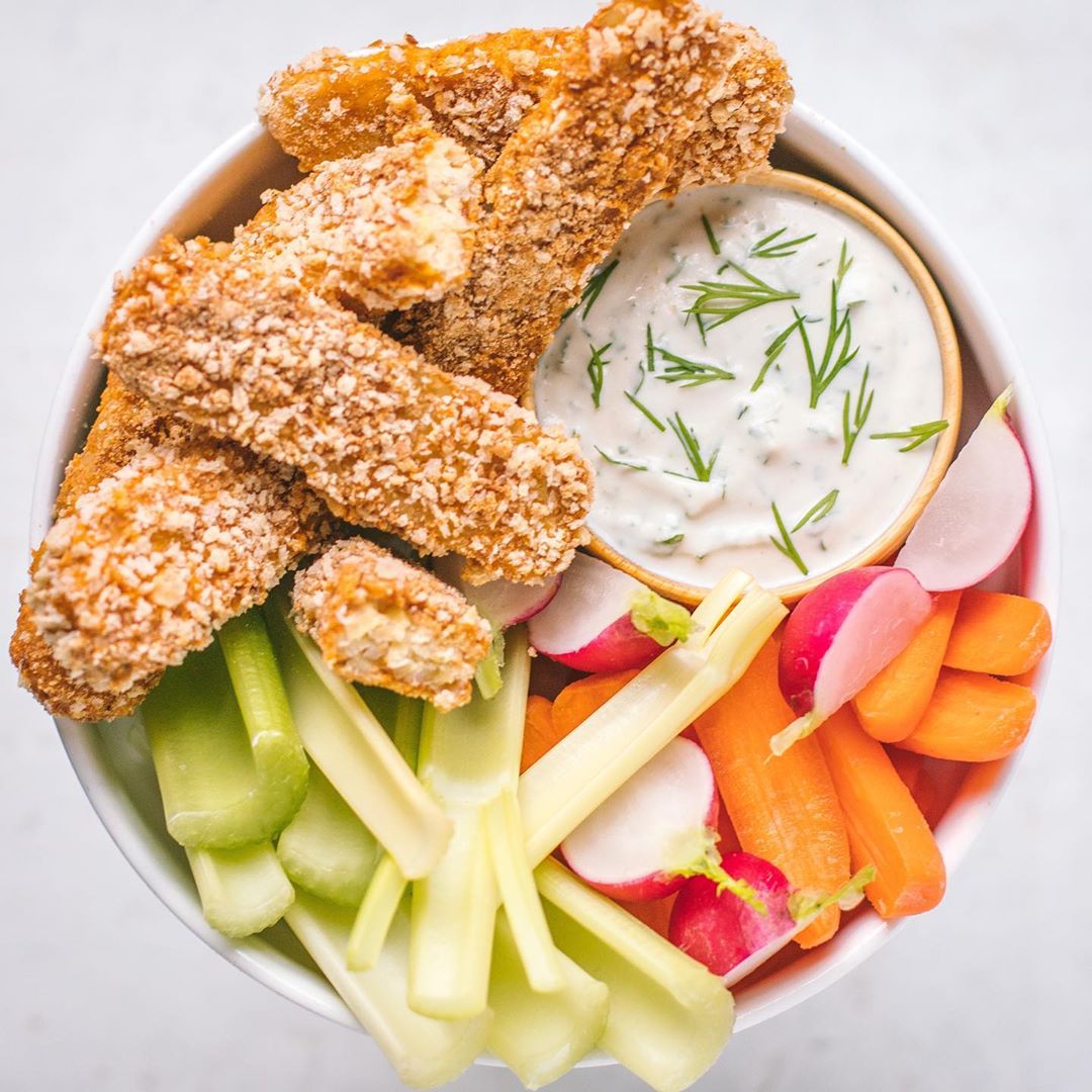 Buffalo Tempeh Wings with Vegan Ranch Dressing