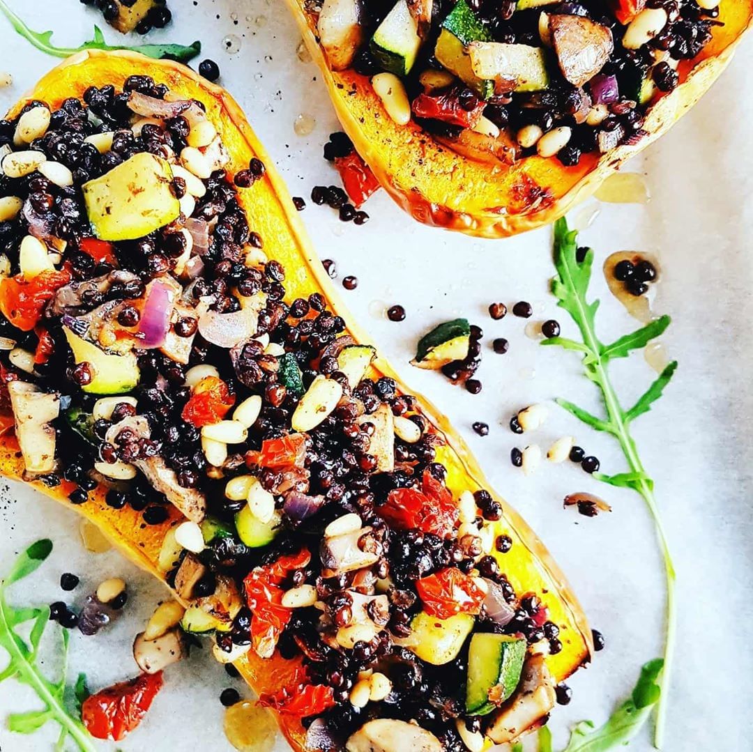 Baked butternut squash and Beluga lentils