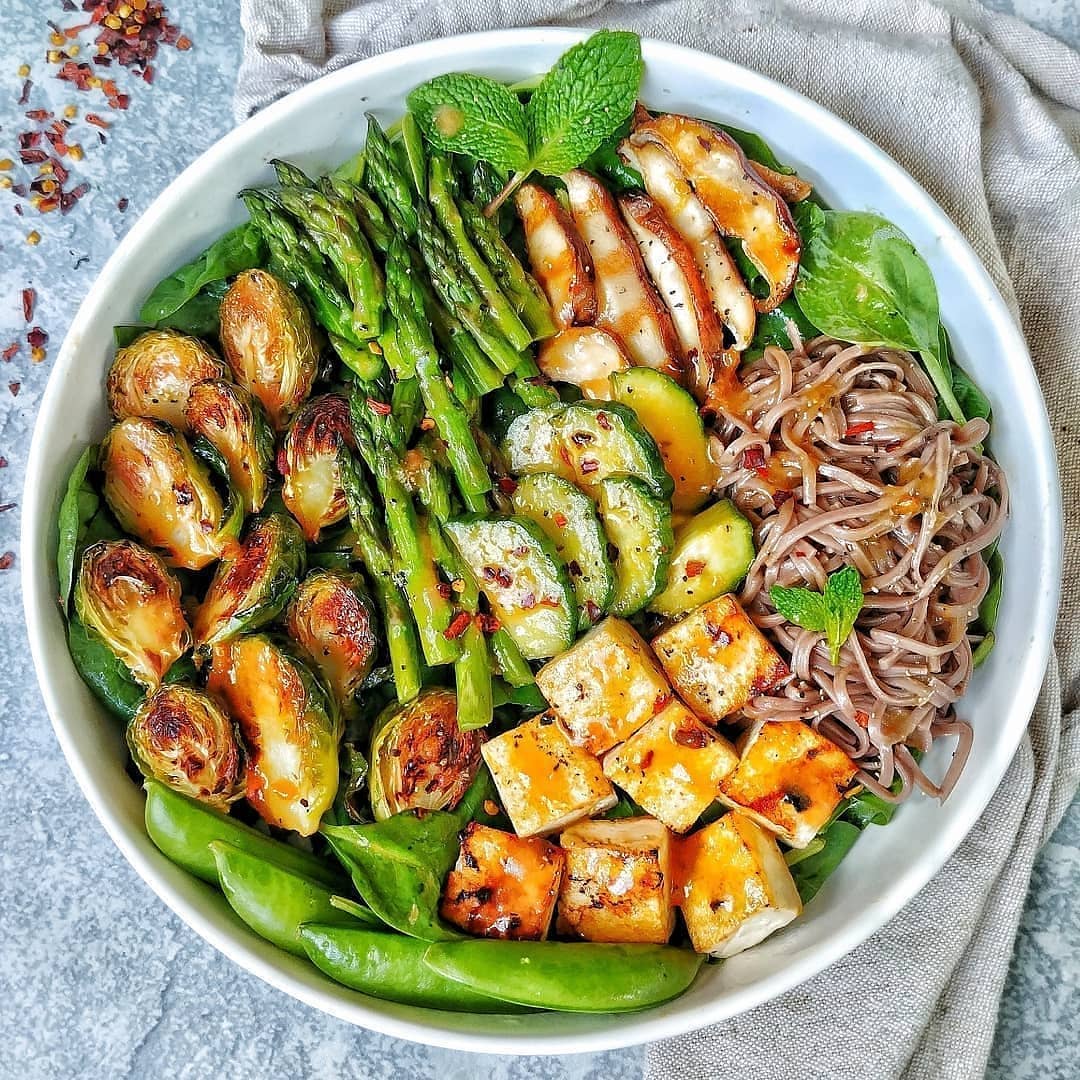 Tofu Noodle Veggie Bowl with Ginger Nectarine Vinaigrette