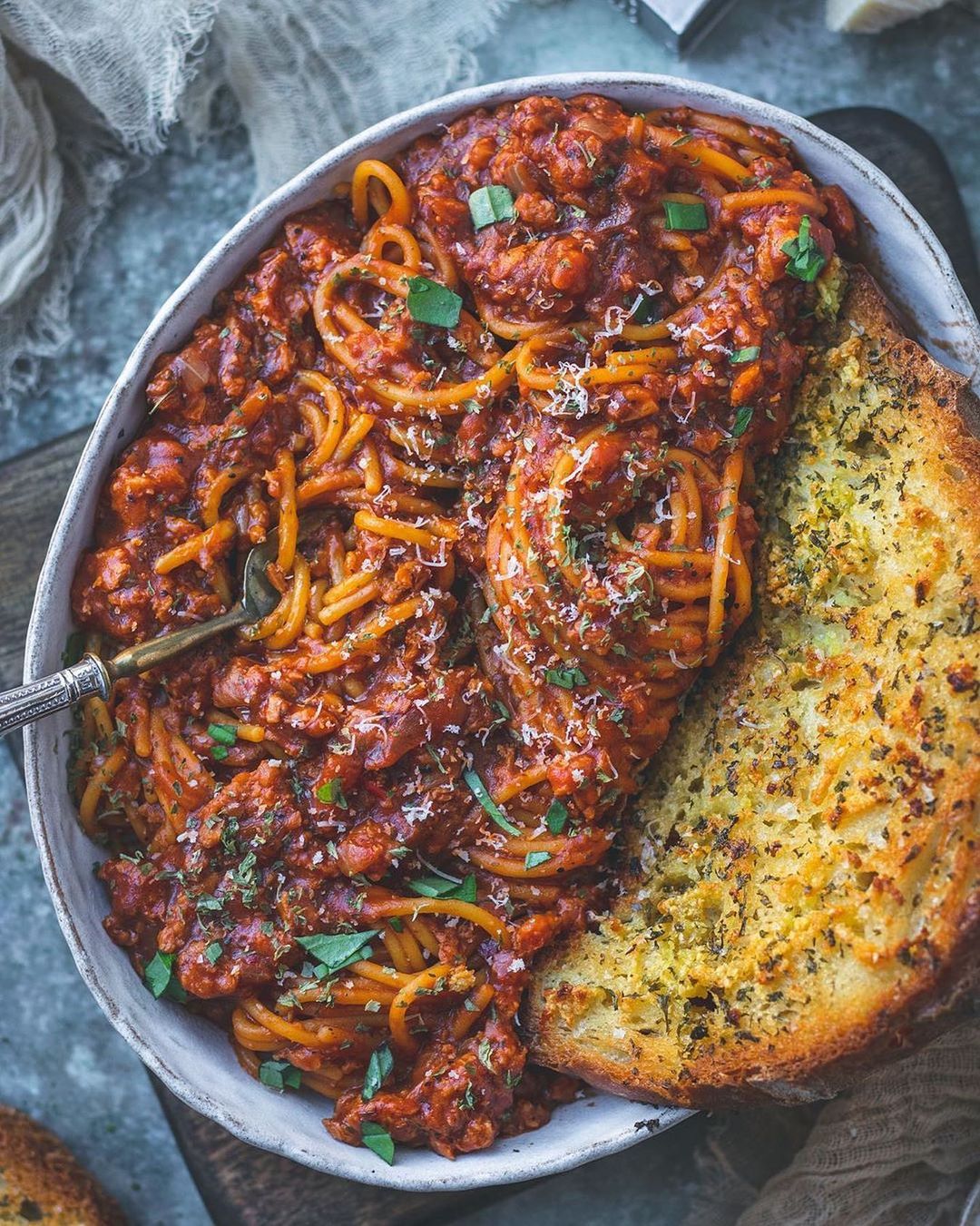 Hearty Vegan Spaghetti Bolognese with Garlic Bread
