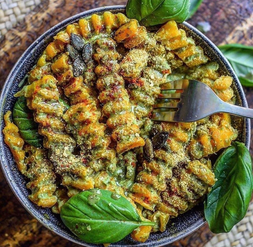 Butternut Squash Fusilli with Avocado and Pumpkin Seed Butter Pesto