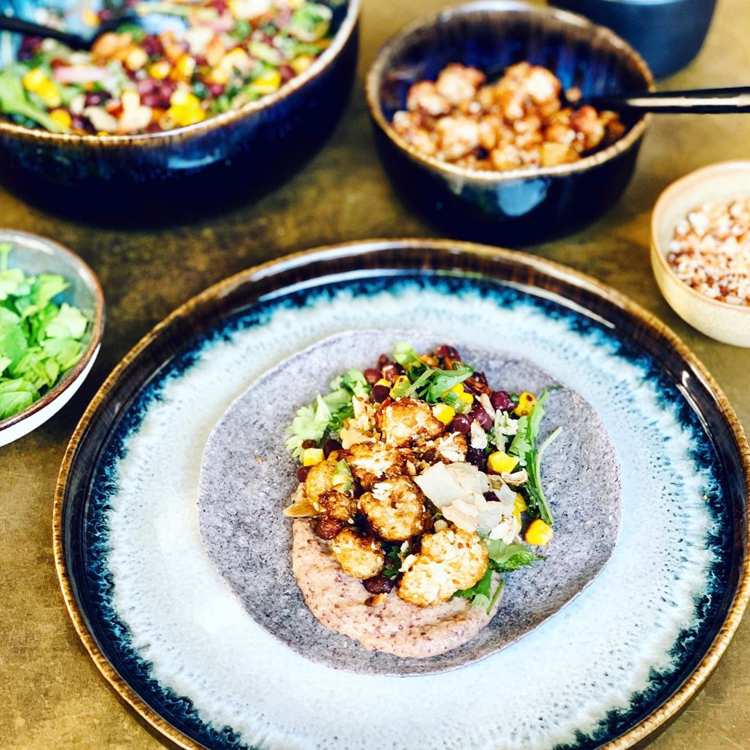 Peanut Butter and Maple Syrup Caramalised Cauliflower Tortillas with Brussel Sprout Slaw, Adzuki Bean Hummus, Coriander and Toasted Almond Feta Crumble