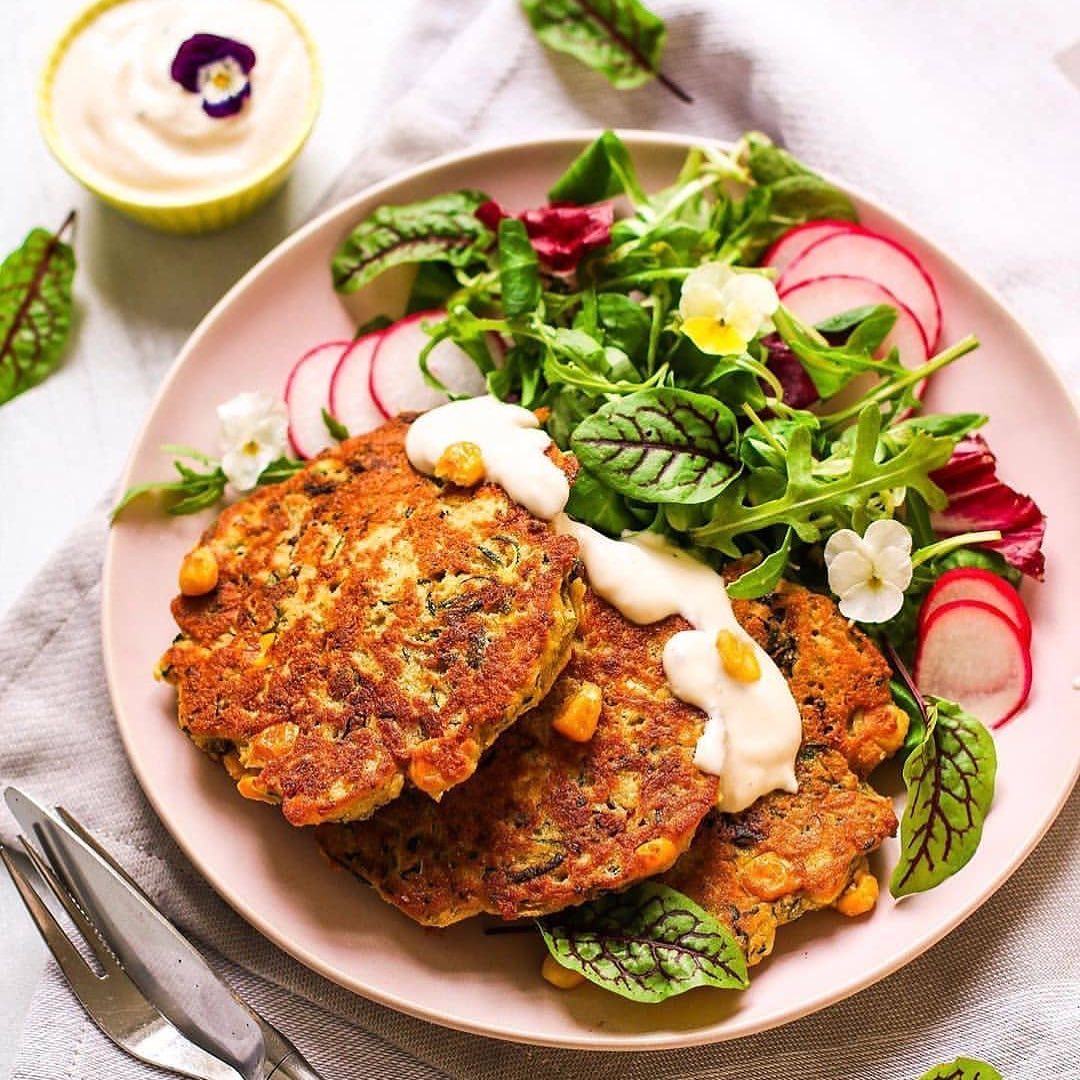 Chickpea and Zucchini Pancakes with Corn and Tomatoes