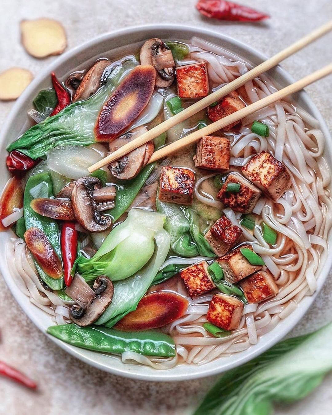 Rice Noodles with Veggies and Glazed Tofu