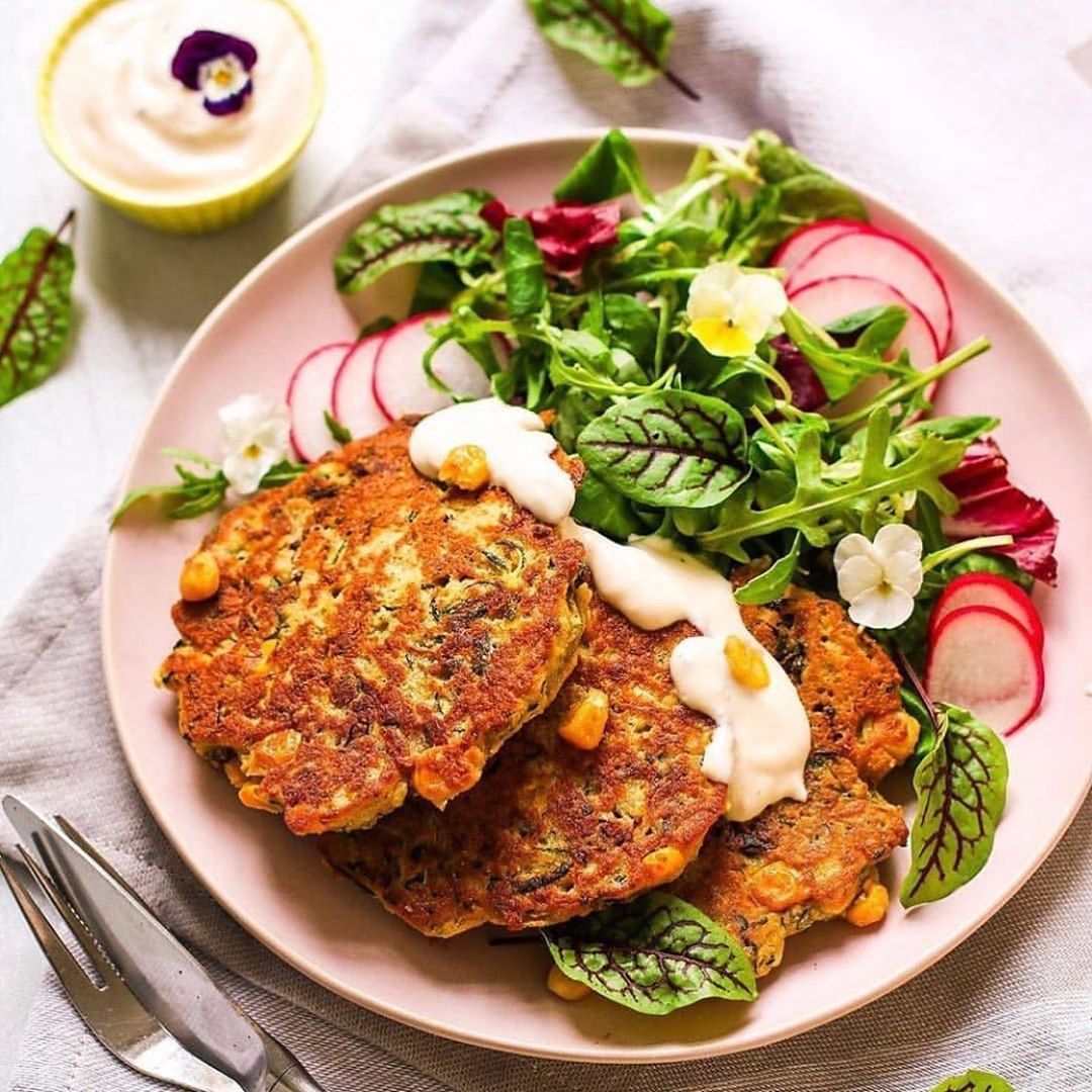 Chickpea and Zucchini Pancakes with Corn and Tomatoes