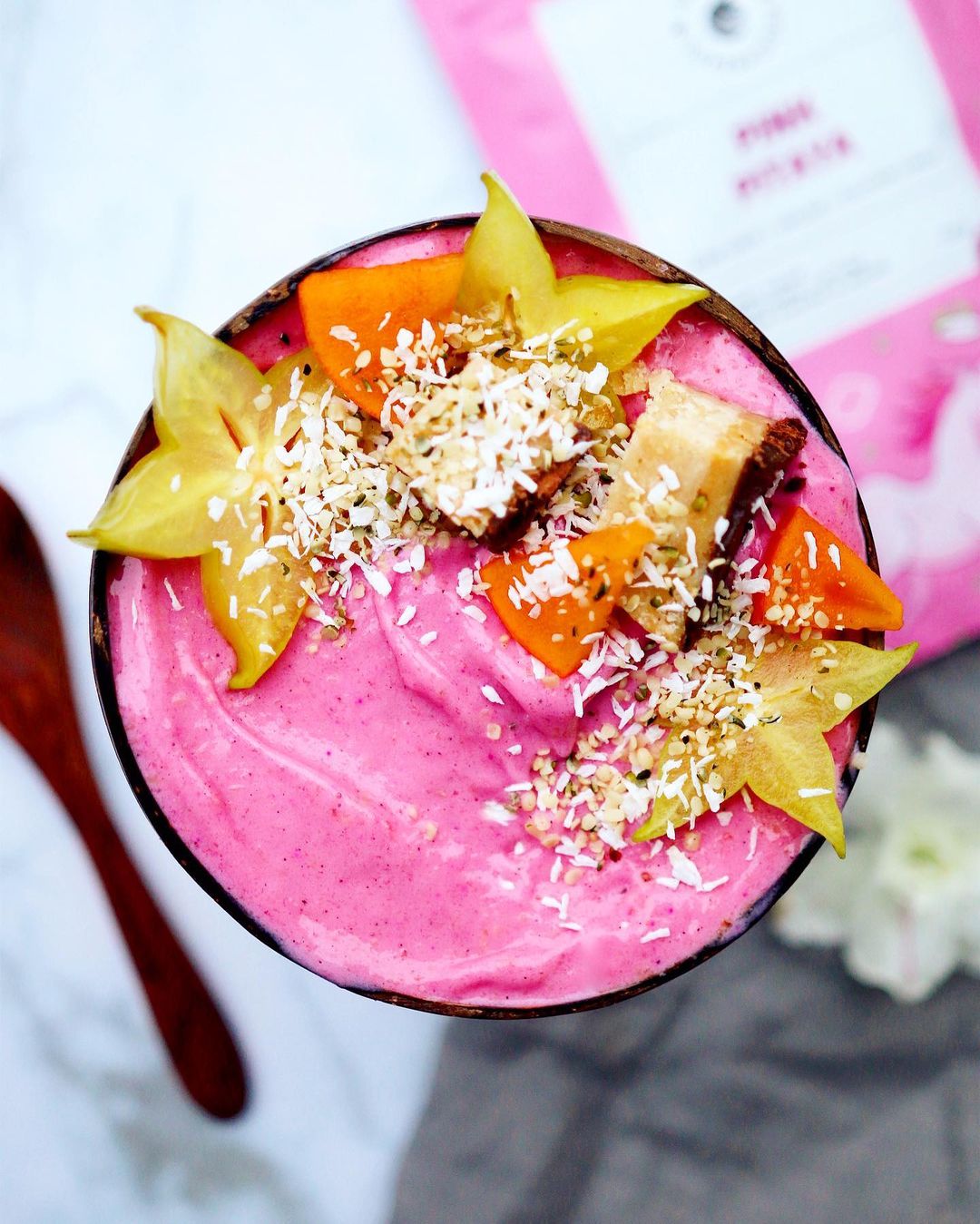 Pink Pitaya Smoothie Bowl with Bananas and Pineapple