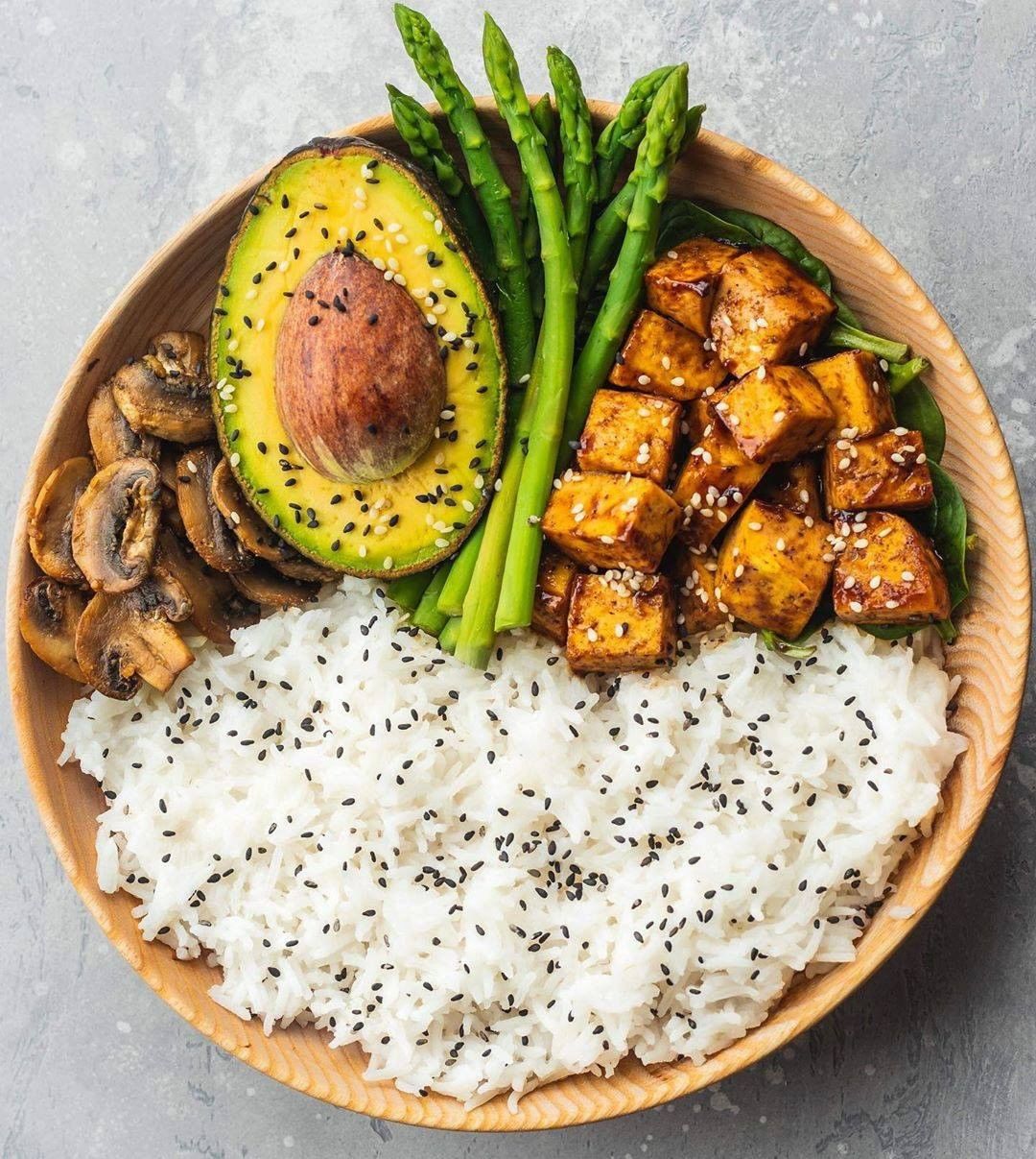 Basmati Rice, Mushrooms Cooked in Tamari, Avocado, Asparagus and Tofu