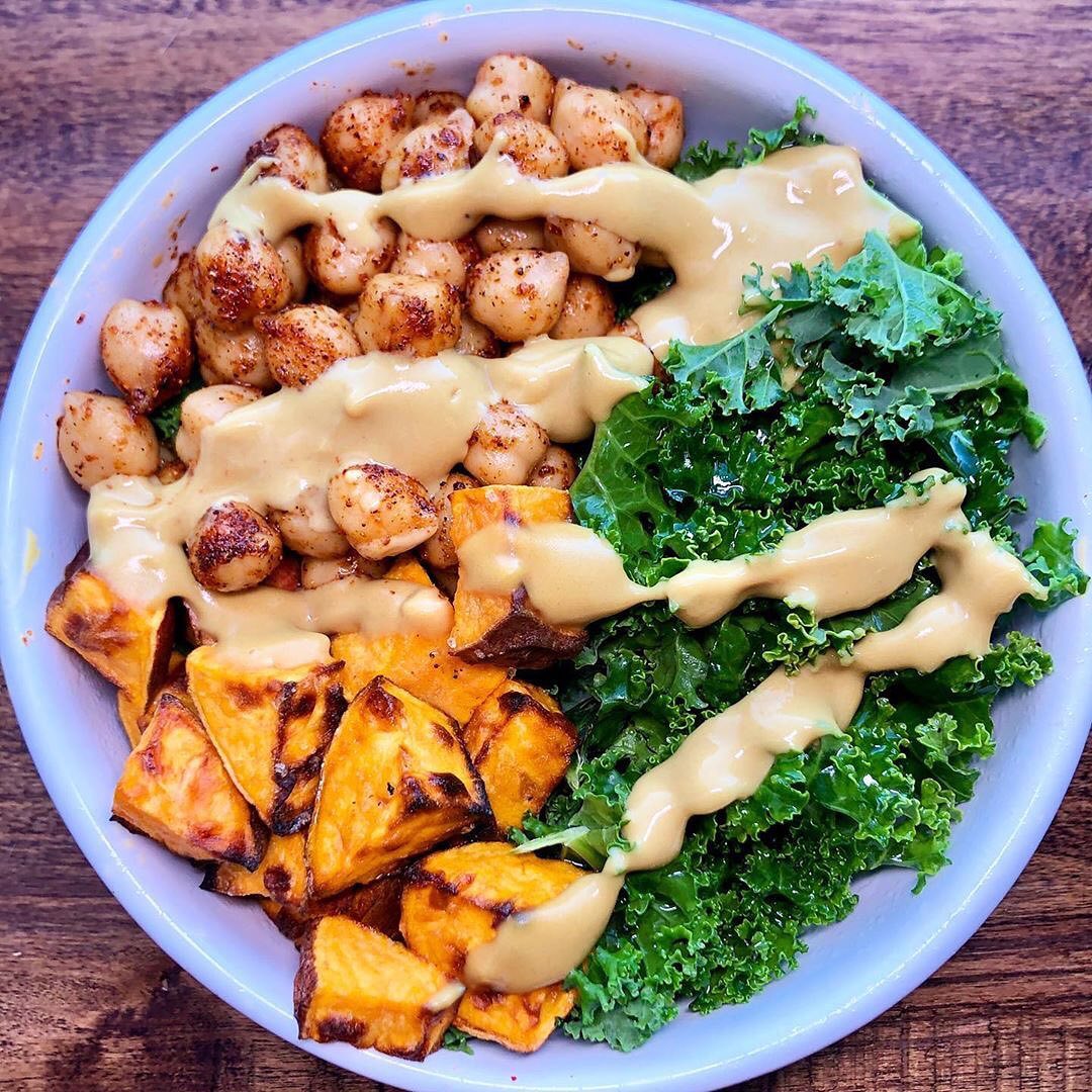 Air Fried Sweet Potato and Chickpea Bowl with Honey Mustard