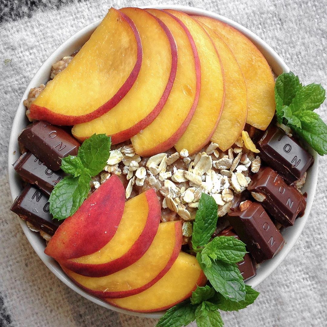 Peach and Chocolate Oatmeal Breakfast Bowl