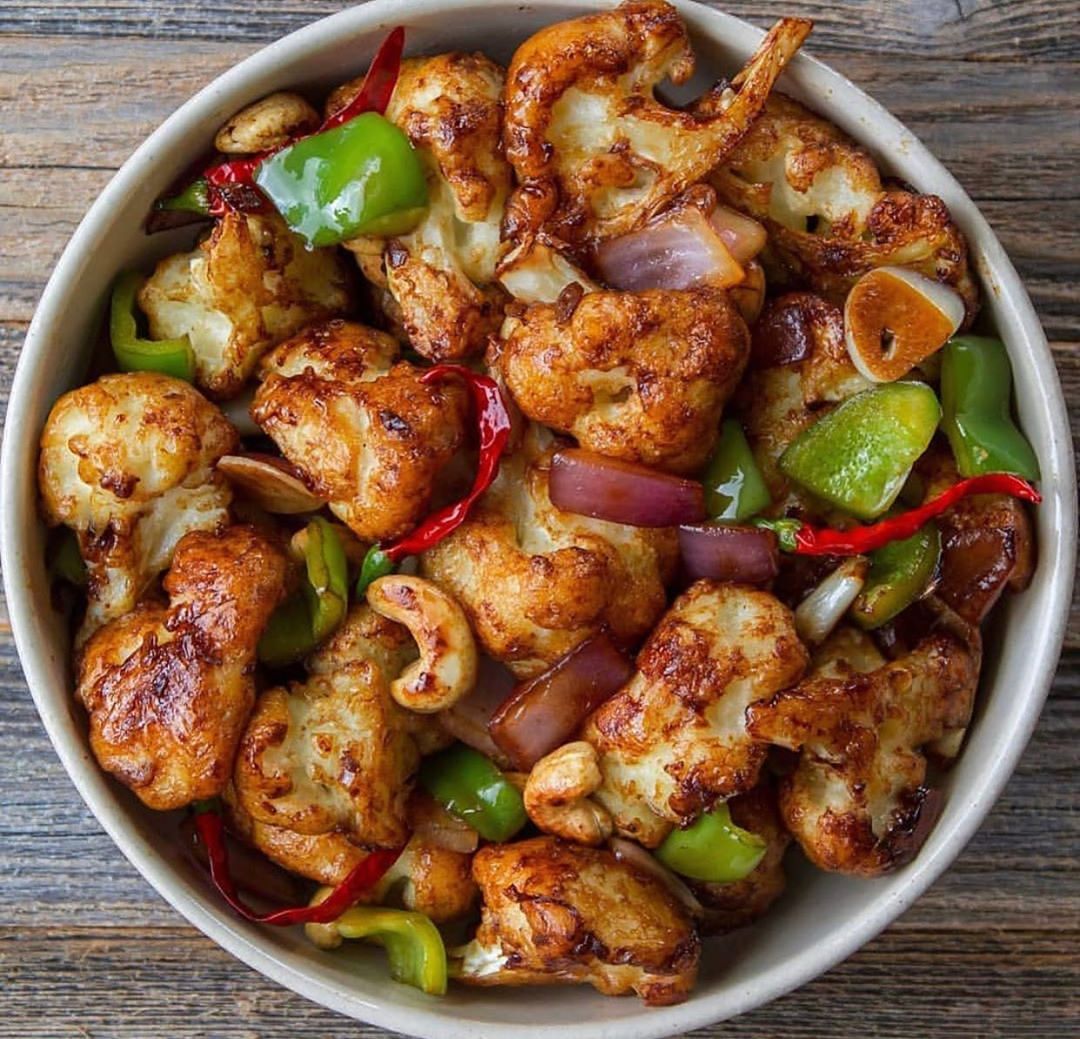 Vegan Kung Pao Cauliflower with Cashews and Veggies