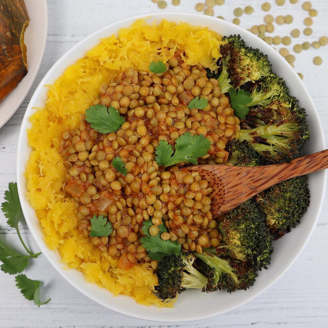 Curried Lentils with Acorn Squash and Broccoli