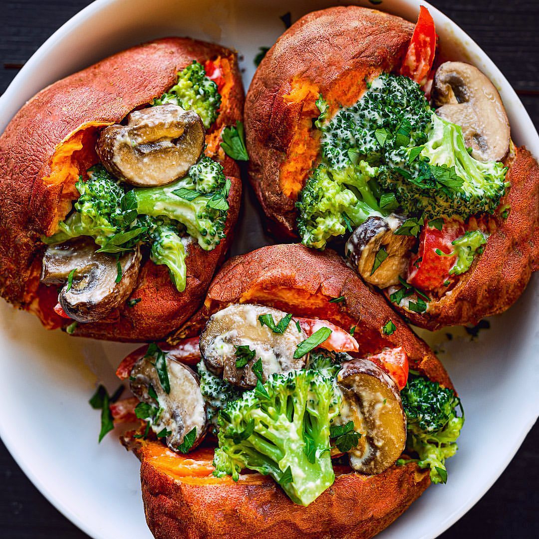 Cheesy Veggie Loaded Sweet Potatoes