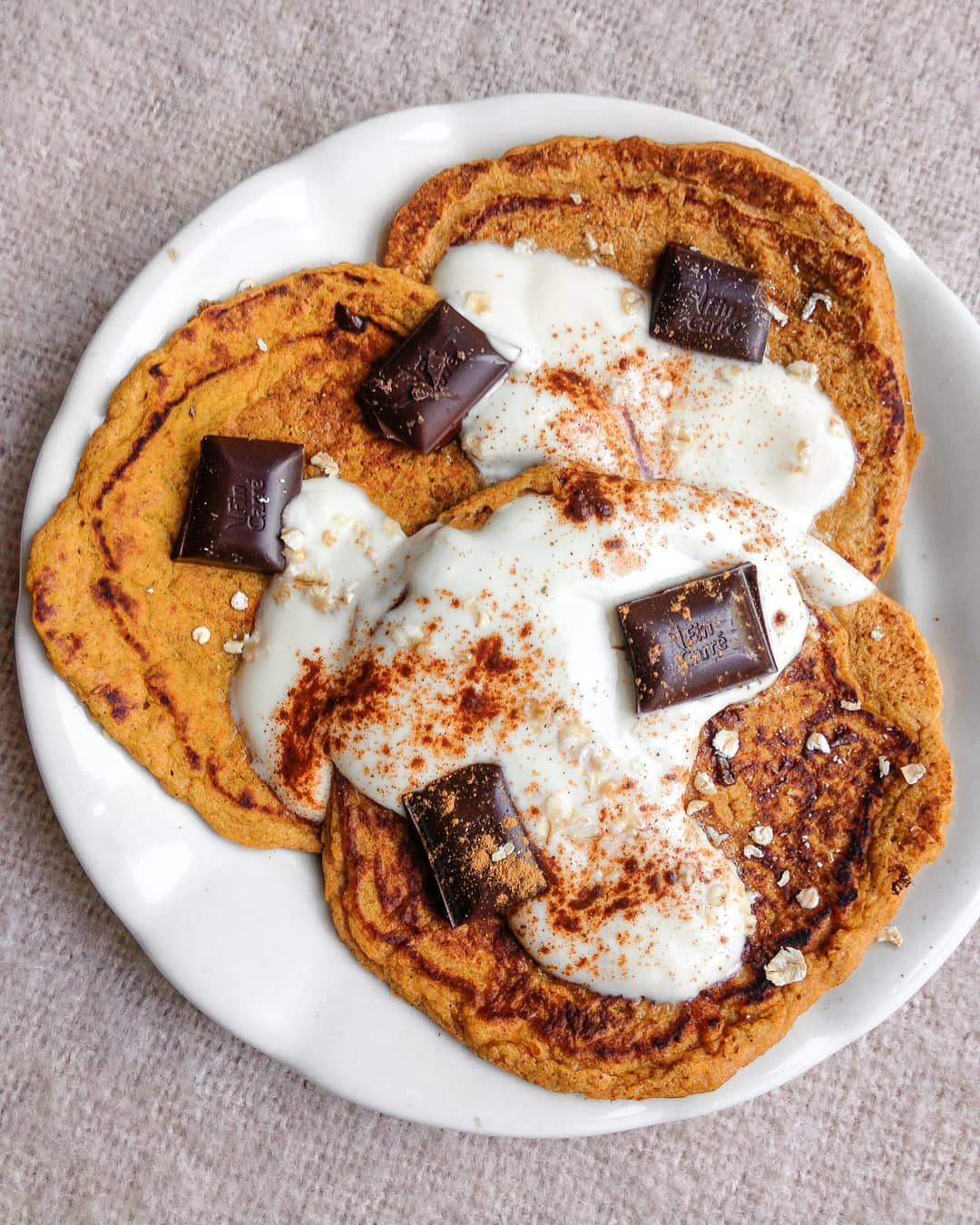 Pumpkin Pancakes with Chocolate and Yoghurt