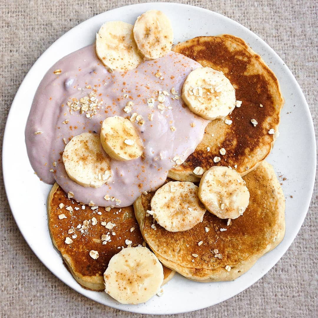 Banana Bread Pancakes with Strawberries and Yoghurt
