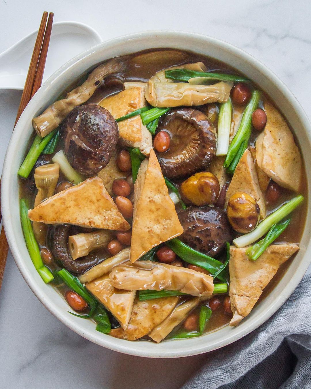 Braised Mushrooms, Chestnuts and Tofu Bowl