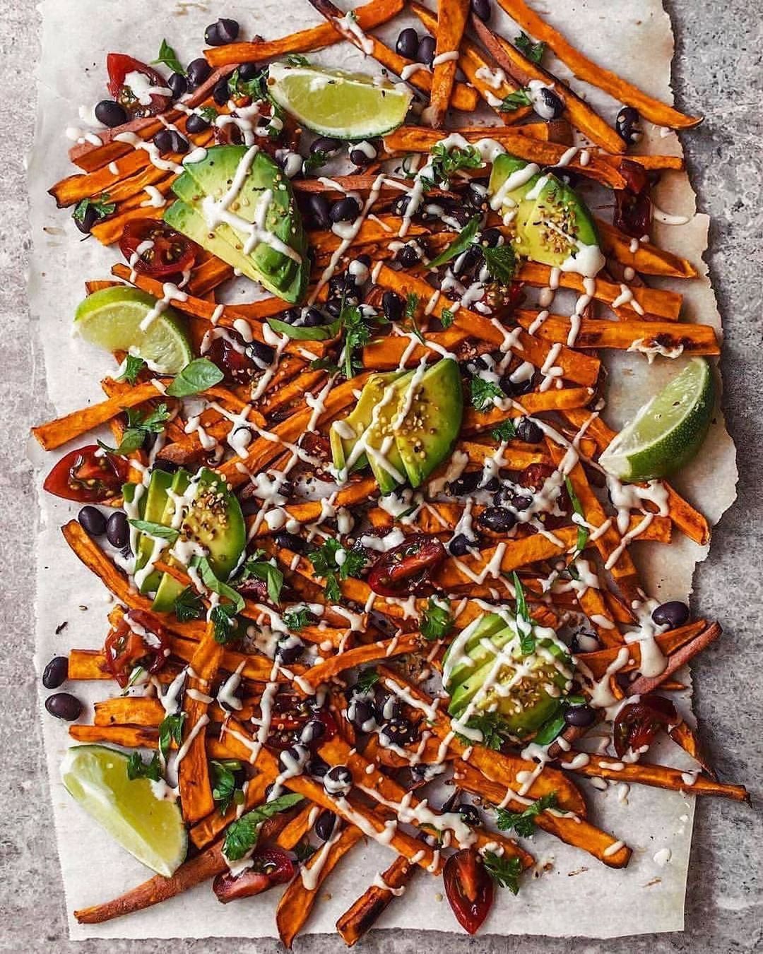 Loaded Sweet Potato Fries with Garlic Tahini Sauce