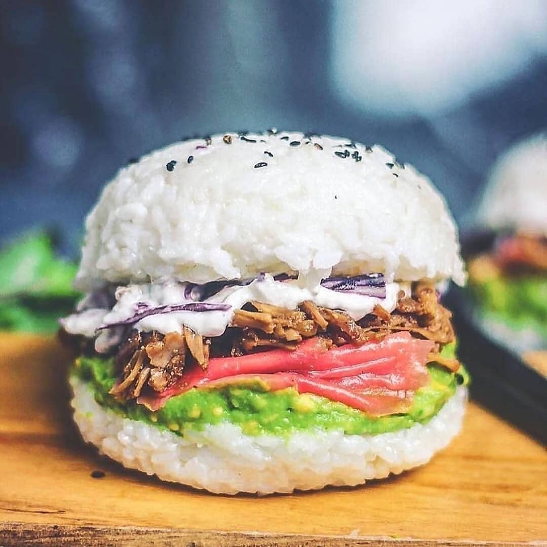 Vegan Sushi Rice Burger with Mushrooms and Avocado