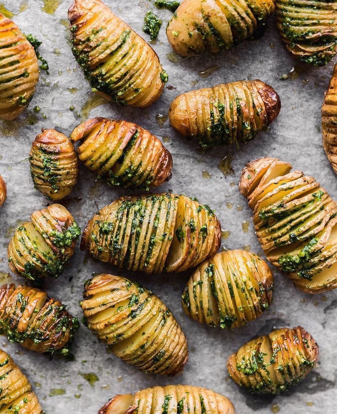 Hasselback Potatoes with Wild Garlic Cashew Pesto