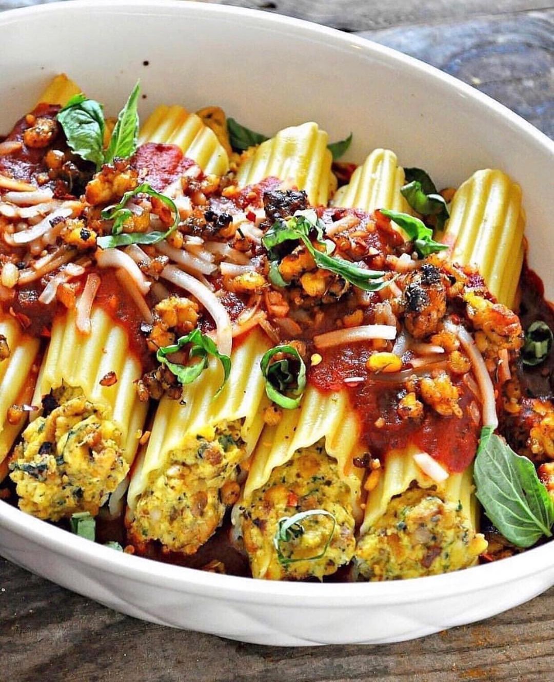Vegan Sausage and Pesto Ricotta Manicotti