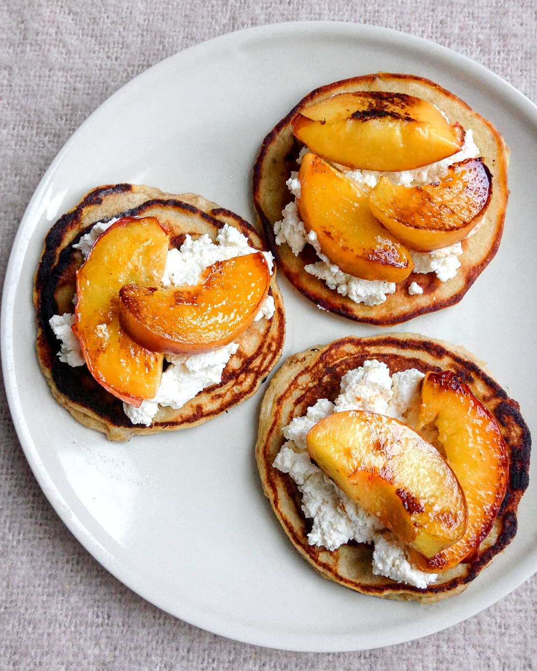 Banana Bread Pancakes with Caramelised Peaches and Cottage Cheese