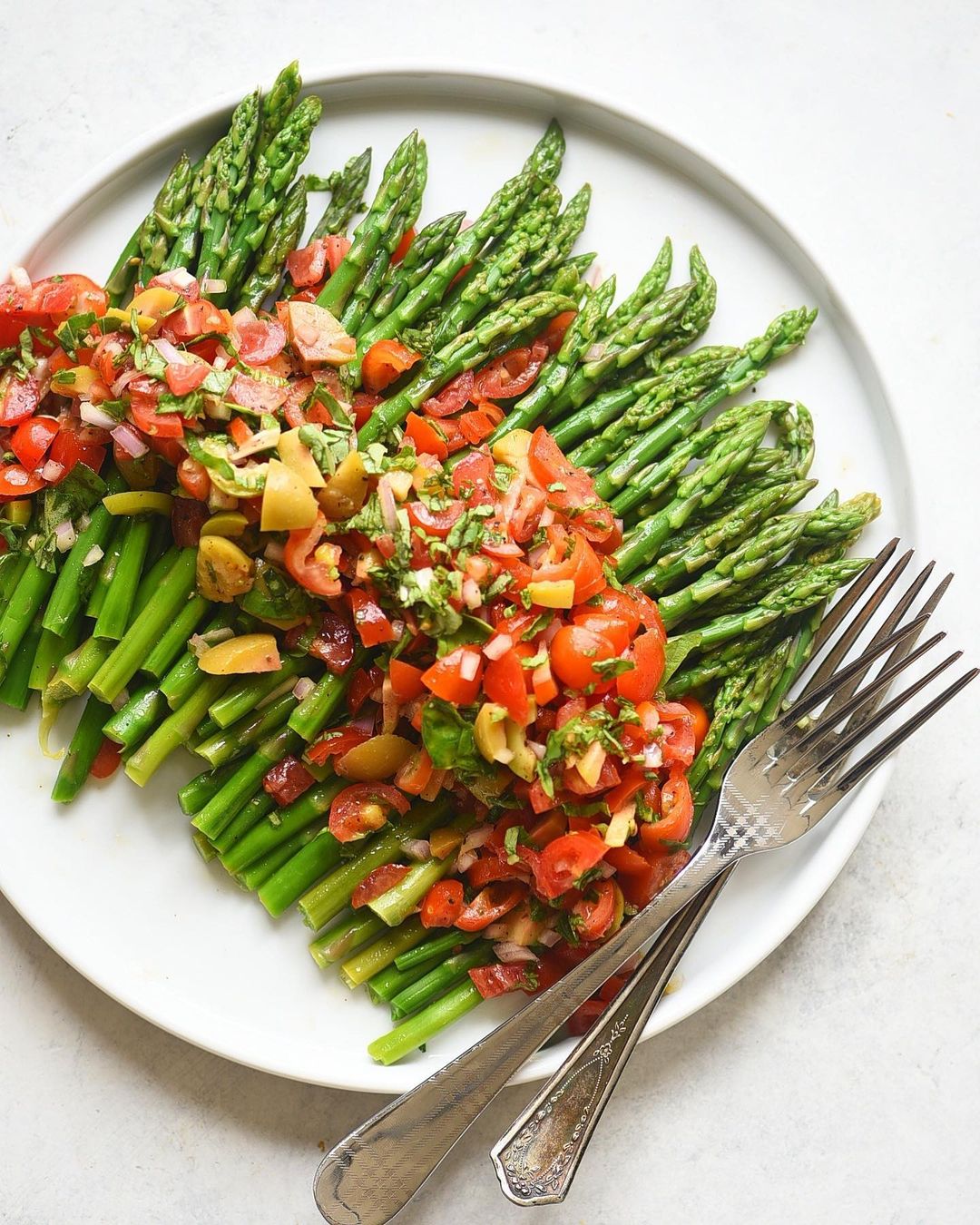 Asparagus with Tomato Olive Bruschetta