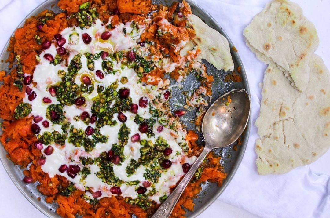 Crushed Carrots with Garlicky Yoghurt and Pistachio Pesto