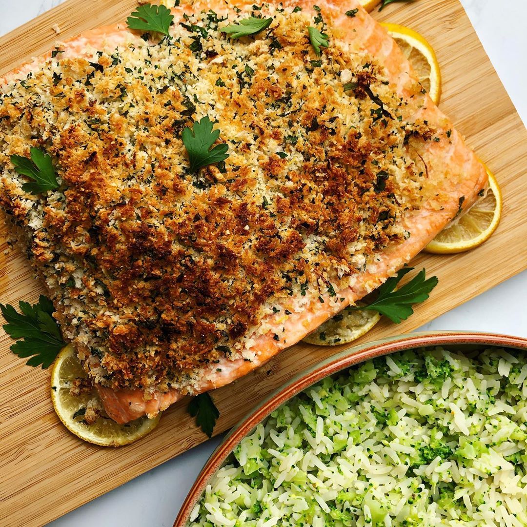 Herb Crusted Salmon with Broccoli Rice Dinner